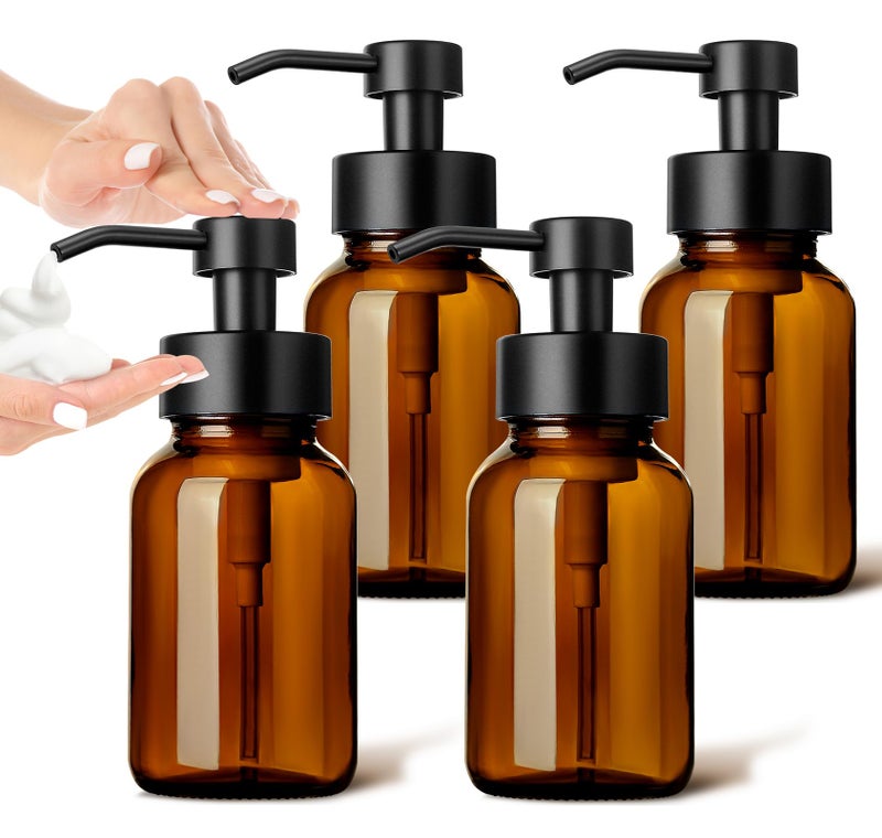 GM GMISUN GMISUN Foaming Soap Dispenser, 4 Pcs 8.5 Fl oz Amber Glass Foam Hand Soap Dispenser for Bathroom & Kitchen, Refillable Hand Soap Foam Dispensers, Modern Amber Glass Pump Bottle with Waterproof Labels - Image 1